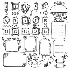 Bullet journal hand drawn vector elements for notebook, diary and planner. Doodle frames isolated on white background. 