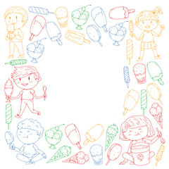 Small children eating ice cream. Sweet strawberry candy for kids. Tasty vanilla, orange, kiwi dessert.