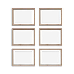 Six blank wooden  frames collage.  Frameworks mock up isolated on white background