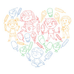 Small children eating ice cream. Sweet strawberry candy for kids. Tasty vanilla, orange, kiwi dessert.