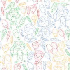 Small children eating ice cream. Sweet strawberry candy for kids. Tasty vanilla, orange, kiwi dessert.