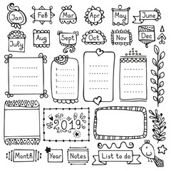 Bullet journal hand drawn vector elements for notebook, diary and planner. Doodle frames isolated on white background. 