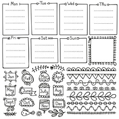 Bullet journal hand drawn vector elements for notebook, diary and planner. Doodle frames isolated on white background. 