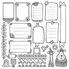 Bullet journal hand drawn vector elements for notebook, diary and planner. Doodle frames isolated on white background. 