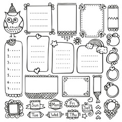 Bullet journal hand drawn vector elements for notebook, diary and planner. Doodle frames isolated on white background. 
