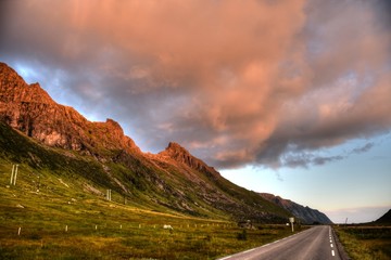 Lofoten, Norwegen, Abend, Abendstimmung, Sonnenuntergang, rot, Abendrot, Skagsanden, Flakstad,...