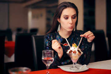 Funny Girl with Fun Ice Cream Dessert at a Party 