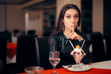 Secretive Girl with Ice Cream Dessert at a Party 