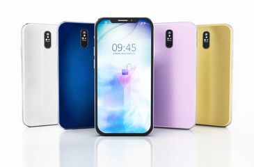 Smartphone with various color choices. Generic wallpaper on the display. 3D illustration