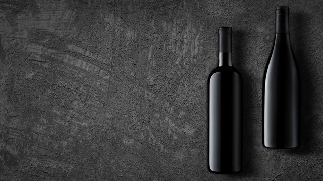 Template concept two wine bottle for your design and advertising company promotion your of product on dark grey concrete background. Wine bottle mockup with copy space. Top view