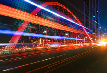 Fototapeta na wymiar abstract image of blur motion of cars on the city road at night，Modern urban architecture in tianjin, China