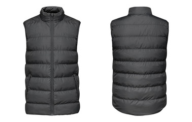 Blank template grey waistcoat down jacket sleeveless with zipped, front and back view isolated on...