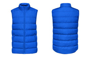 Blank template blue waistcoat down jacket sleeveless with zipped, front and back view isolated on...