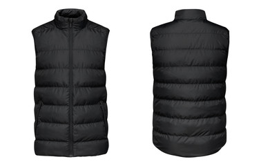 Blank template black waistcoat down jacket sleeveless with zipped, front and back view isolated on...