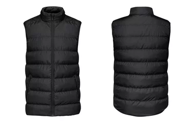 Foto op Canvas Blank template black waistcoat down jacket sleeveless with zipped, front and back view isolated on white background. Mockup winter sport vest for your design © Dzha