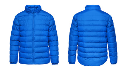 Blank template blue down jacket with zipped, front and back view isolated on white background....