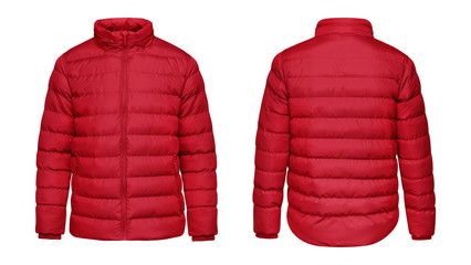 Blank template red down jacket with zipped, front and back view isolated on white background. Mockup winter sport jacket for your design