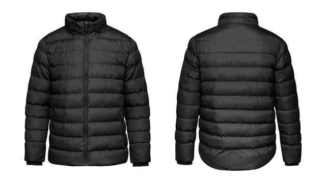Blank template black down jacket with zipped, front and back view isolated on white background. Mockup winter sport jacket for your design