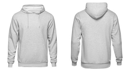 Blank gray mens hoodie sweatshirt long sleeve, mens hoody with hood for your design mockup for print, isolated on white background. Template sport winter clothes