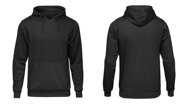 Blank black male hoodie sweatshirt long sleeve, mens hoody with hood for your design mockup for print, isolated on white background. Template sport winter clothes