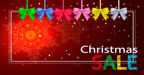 Christmas advertising banner on a dark background with a glowing snowflake. Christmas sale, colored bows and bright inscription .