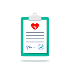 Clip board with hospital documents with heartbeat icon. Medical insurance forms. Doctor paperwork. Illustration in flat style.