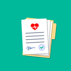 Folder with hospital documents with heartbeat icon. Doctor paperwork. Medical insurance forms in flat style.