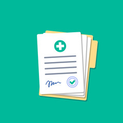 Folder with hospital documents. Doctor paperwork. Medical insurance forms in flat style.