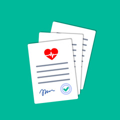 Hospital documents with heartbeat icon. Doctor paperwork.  Medical insurance forms in flat style.