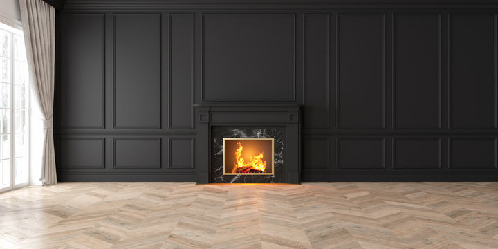 Classic empty black interior with fireplace, curtain, window, wall panels, 3D render, illustration, mockup, wide picture.