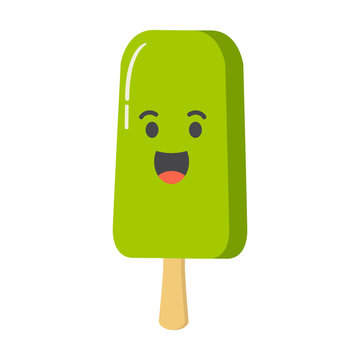 Cartoon ice cream emoj in flat style with smiling kawaii  character.Design element for booklets, the websites, leaflets, banners. For shops of sweets. An eskimo on a wooden stick.