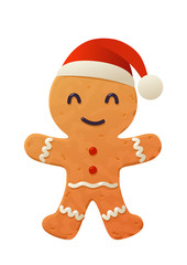 Vector cartoon gingerbread cookie in santa claus hat on white background