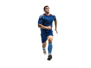 Fototapeta na wymiar Soccer player in blue uniform running on white isolation