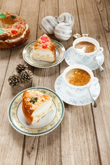 Two cut pieces of Spanish typical dessert of epiphany