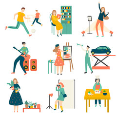 In their free time, people practice their favorite hobbies, play football, plant flowers, cook, repair cars, play musical instruments, draw, go to the gym, play computer games, and more.