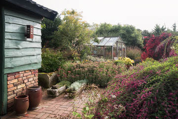 Garden shed and greenhouse surrounded by a beautiful decorative garden in autumn colors