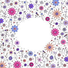 Fototapeta na wymiar Floral frame with stylish hand-drawn colorful pink, blue, violet flowers and brunches and dots. Floral doodles on white