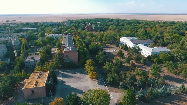 Aerial pan shot of Askania-Nova, the heart of dry Taurida steppe bio-reserve   