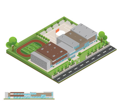 Isometric And 3D Of Modern Office, School Building And Architecture Design.