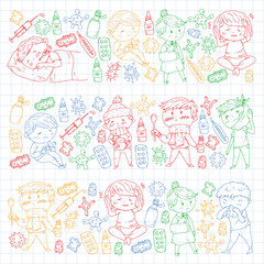Children medical center. Healthcare illustration. Doodle icons with small kids, infection, fever, cold, virus, illness.