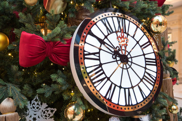 Happy new year and Merry Christmas concept. Beautiful Christmas tree with new year decoration and toys