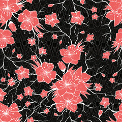 Sakura branches seamless pattern. Japanese Cherry abstract texture. Apple tree twigs with flowers and buds. Vector Red Flower blossom background, white contour, outline.