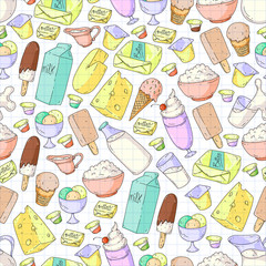 Fototapeta na wymiar Dairy products. Doodle icons. Diet, breakfast. Milk, yogurt, cheese, ice cream, butter. Eat fresh healthy food and be happy.