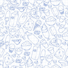 Dairy products. Doodle icons. Diet, breakfast. Milk, yogurt, cheese, ice cream, butter. Eat fresh healthy food and be happy.