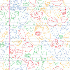 Dairy products. Doodle icons. Diet, breakfast. Milk, yogurt, cheese, ice cream, butter. Eat fresh healthy food and be happy.