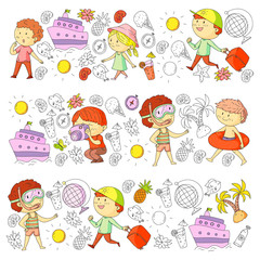 Happy children playing at seashore, beach, sea, ocean. Kids vacation and travelling. Swimming, doodle icons globe, cruise ship, cocktails.