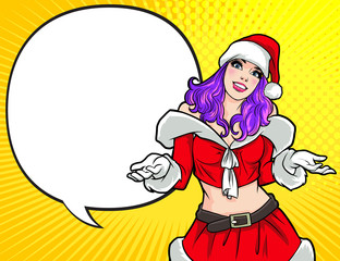 santa woman smiling gesture presenting something with comic bubble