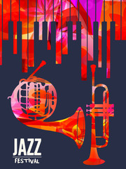 Naklejka premium Jazz music festival poster with piano keyboard, french horn and trumpet vector illustration. Music background with music instruments, live concert events, party flyer, brochure, promotion banner