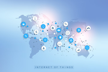 Internet of things IoT and network connection concept design vector. Social media network and marketing concept with dotted globes. Internet and business technology