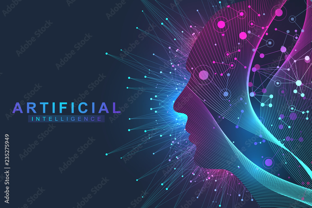 Aufkleber Futuristic Artificial Intelligence and Machine Learning Concept.. Human Big Data Visualization. Wave Flow Communication, Scientific vector illustration
